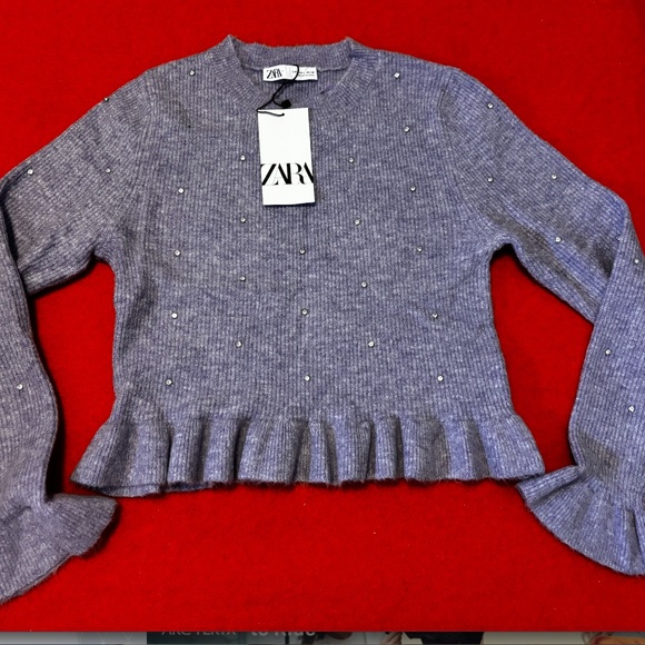 Zara lavender knit sweater with rhinestones and a touch of wool NWT - Picture 3 of 9
